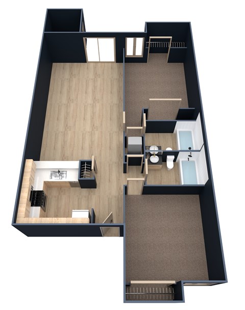 A black and wood floor plan of a house with a kitchen, living room, and bathroom.
